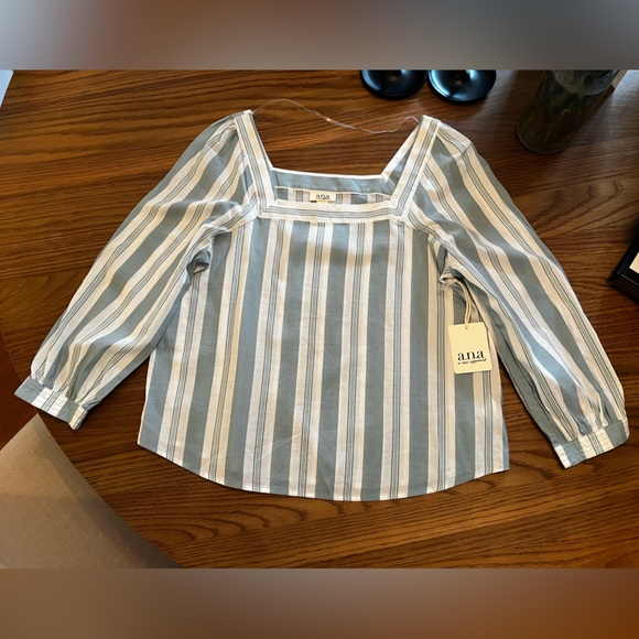 a.n.a Tops - a.n.a Striped Square-Neck Blouse in Light Blue and White
